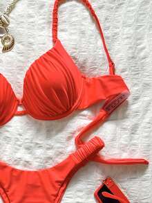 Bonvoyette Hard Cup Steel Support Spaghetti Strap Ruched Sexy Bikini Set - Cherry Red - View 5