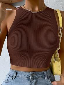 Breezaya Nervürlü Örgü Sade Gündelik Women Knit Tops - Kahve Kahverengi - Görünüm 4