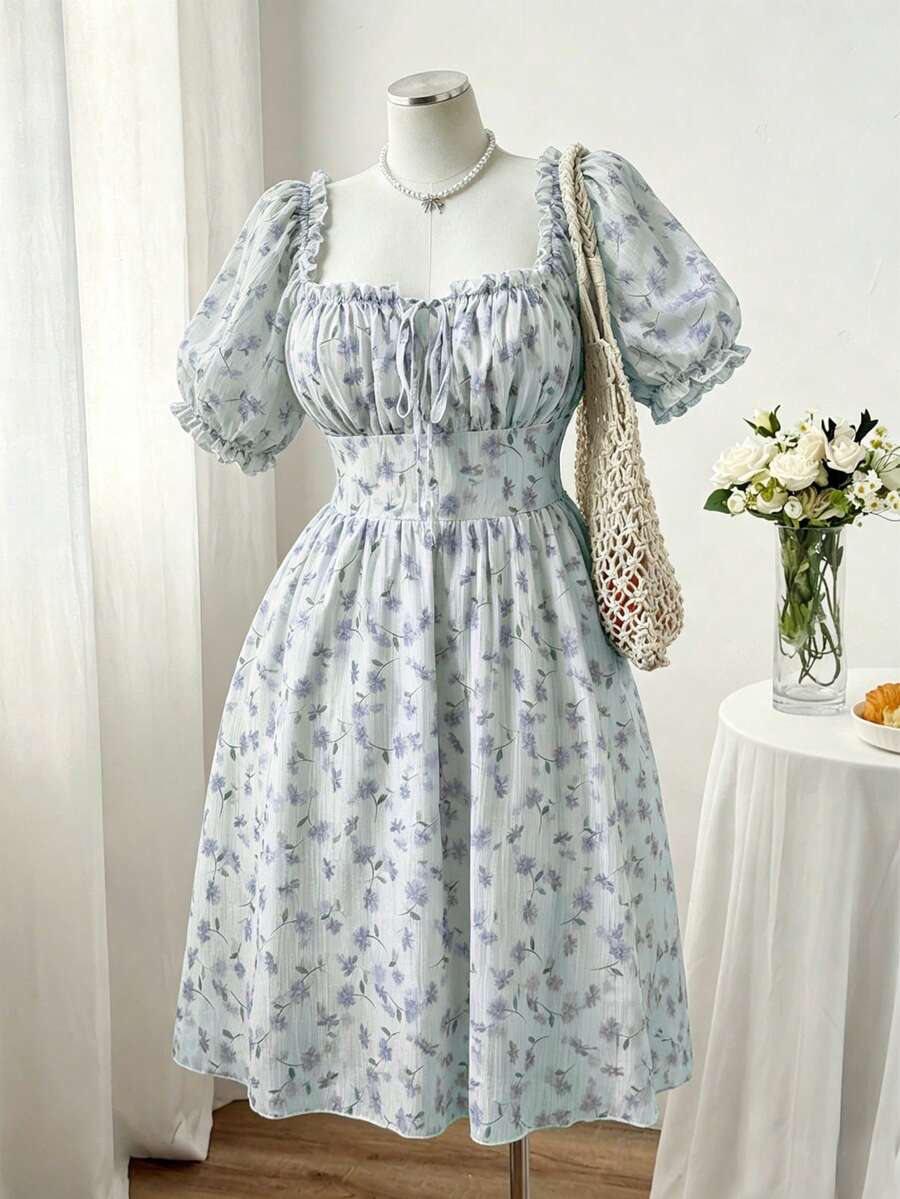 Sweetra Plus Size Elegant Floral & Plaid Print Tie-Waist Dress, Suitable For Spring/Summer Vacation - Blue - View 1