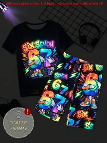 Teen Boys Rainbow Gradient American Graffiti Style SIX SEVEN (67) Number Print Cool Graphic Design Short Sleeve Shorts Snug Fit Pajama Loungewear Set - Black - View 5