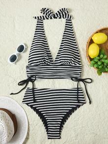 Swim Lushoire Conjunto de Bikini de unicolor con Textura para Playa de Verano y Festival de Música - Blanco y Negro - Ver 2