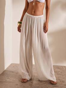 Opulessa Damen Einfarbige Elastische Taille Weite Beine Locker Lässig Lange Hose - Weiss - Übersicht 4
