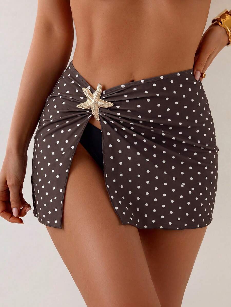 SHEIN Swim 1件女款側邊海星裝飾海灘度假時尚性感素色開衩罩衫 - 咖啡棕 - 查看 1