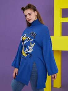 LOONEY TUNES X SHEIN Talla grande Jersey con patrón de dibujos animados de hombros caídos - Azul - Ver 4