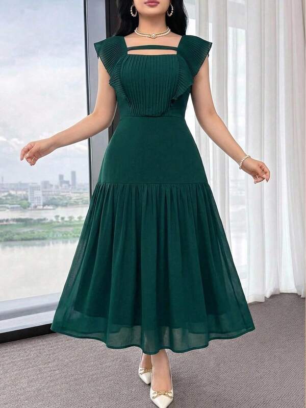 Feyla Plus Size Women's Solid Color Ruffle Sleeve Elegant Party Wedding Guest Occasion Dress Dark Green Summer