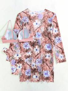 Swim Lushoire 夏季海滩热带印花网眼比基尼套装交叉裹胸聚拢文胸上衣和低腰比基尼下装和和服 3 件套比基尼 - 彩色 - 查看 8
