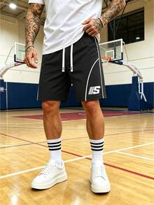 Gym Rark American Streetwear Letter Print Sports Shorts For Men, Black And White Contrast Line Drawstring Training Shorts, Gym - Black - View 3