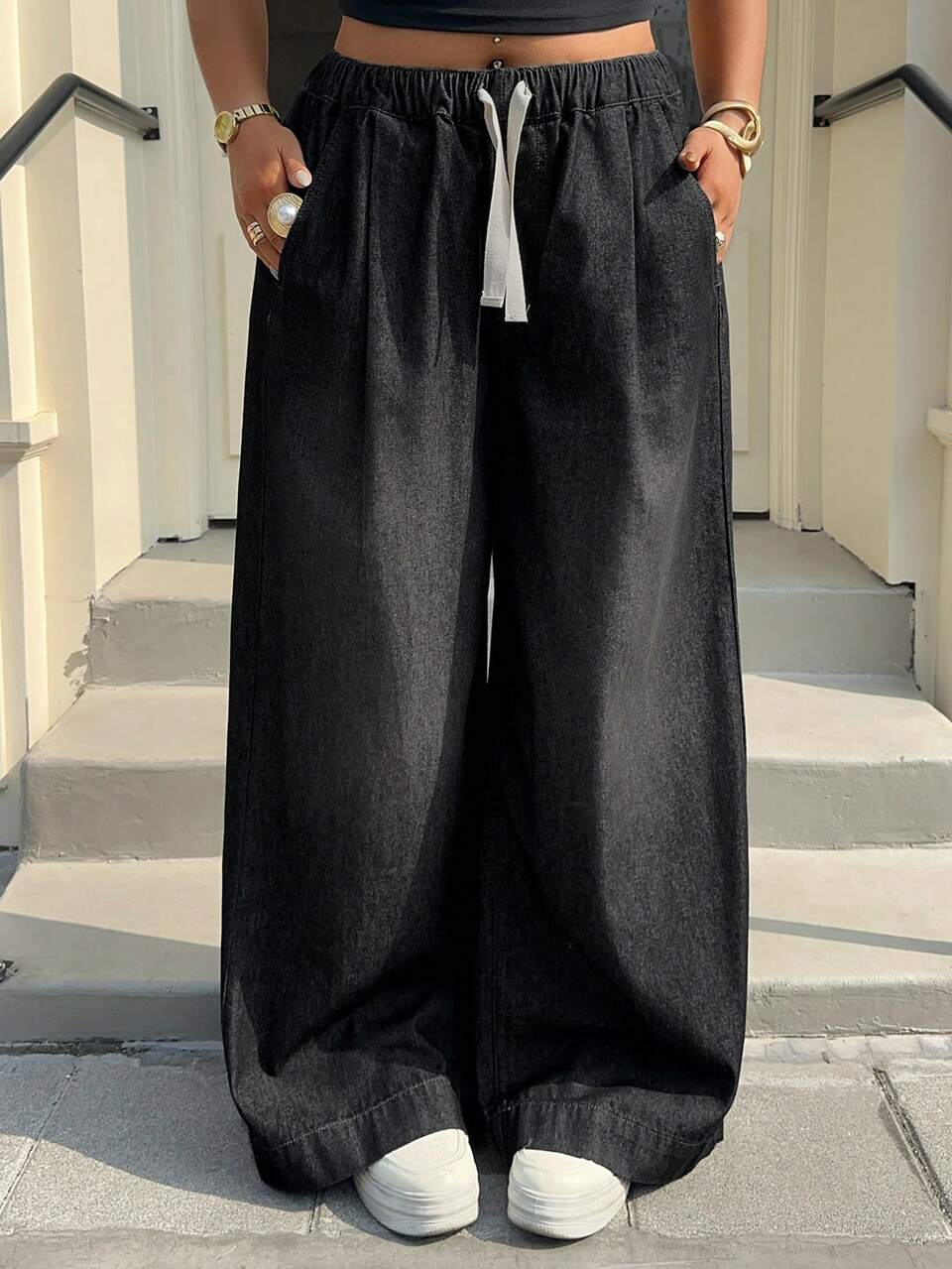 Dazy Plus Elastic Waist Loose Drawstring Washed Faded Versatile Wide Leg Plus Size Women Casual Long Denim Jeans, Suitable For All Seasons