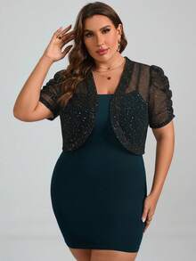 Chikora Plus Size Women's Shiny Casual Versatile Daily Outing Short Sleeve Cardigan Fall - Black - View 5