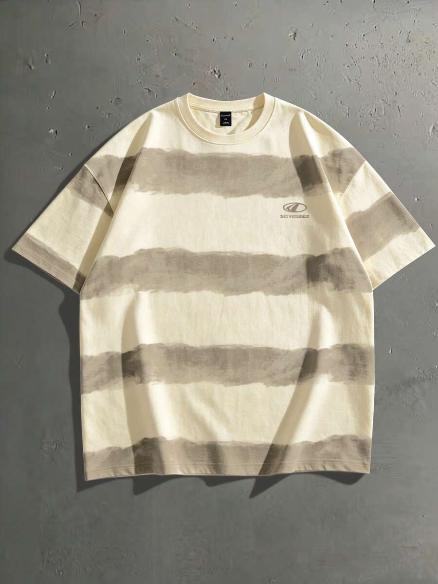 ROMWE MEN Grunge Punk 1pc Men's Colorblock Striped Print Short Sleeve T-Shirt - Khaki - View 1