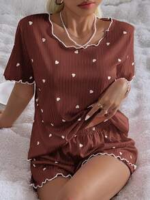 CottageSlumber Set Piyama Wanita Lengan Pendek Motif Hati Kecil Bergaris Longgar dengan Jahitan Rapat Warna Putih - Coffee Brown - View 7