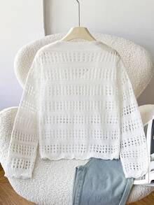 SHEIN Cardigan Rajut Berongga untuk Remaja Perempuan, Cocok untuk Jalan-jalan Santai, Liburan Pantai, Acara Kumpul-kumpul, dan Kesempatan Lainnya, Nyaman, Serbaguna, dan Lembut - Blue and White - View 2