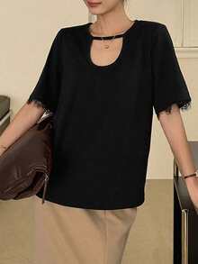 DAZY Women's Summer Round Neck Short Sleeve Lace Patchwork Casual Pullover T-Shirt - Black - View 5