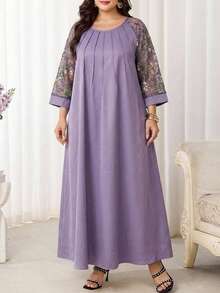Al Najma 大尺碼女款花卉刺繡網紗插肩袖優雅阿拉伯風洋裝 - 紫色 - 查看 7