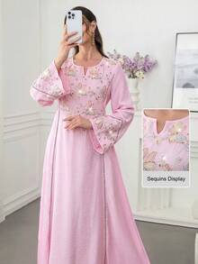 Al Najma Vestido de estilo árabe con bajo acampanado bordado y con cuentas de colores, cuello redondo y mangas de campana - Rosa - Ver 6