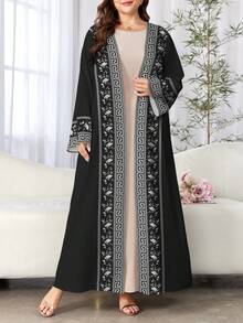 SHEIN Najma 白色花卉卷轴图案加大码女士优雅阿拉伯风格长袍，春夏时尚长袖开衫长款外套，印花黄棕色长袍，亚洲服饰 - 彩色 - 查看 1