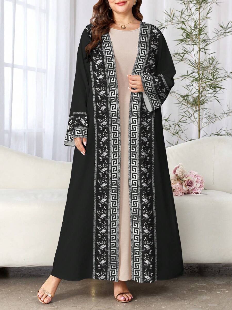 SHEIN Najma 白色花卉卷轴图案加大码女士优雅阿拉伯风格长袍,春夏时尚长袖开衫长款外套,印花黄棕色长袍,亚洲服饰 - 彩色 - 查看 1
