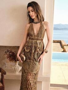 Arave Women's Shiny Party Long Dress, Water-Soluble Gold-Plated Fabric, Luxurious Banquet Style, Spaghetti Strap, Deep V-Neck, Mermaid Tail Long Dress, 2-Piece Set - Gold - View 6