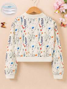 Tween Girl Floral Print Long Sleeve Zipper Front Baseball Jacket - Apricot - View 2