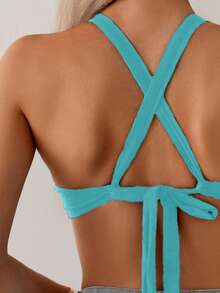 SHEIN Swim 女款純色交叉後綁帶極簡休閒比基尼上衣 - 薄荷藍 - 查看 4
