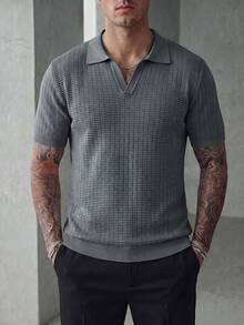 Manfinity CasualCool 男士V领罗纹针织Polo衫，简约通勤短袖毛衣 - 灰色 - 查看 6