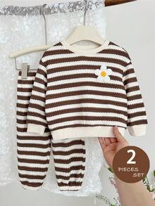 SHEIN 2件套女婴针织条纹圆领宽松卫衣和打底裤套装 - 彩色 - 查看 4
