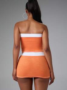 BABYPHAT Towelling Strapless Bandeau Tube Top With Logo Embroidery And Tie Detail Summer Crop - Orange - View 5