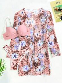 Swim Lushoire 夏季海滩热带印花网眼比基尼套装交叉裹胸聚拢文胸上衣和低腰比基尼下装和和服 3 件套比基尼 - 彩色 - 查看 7