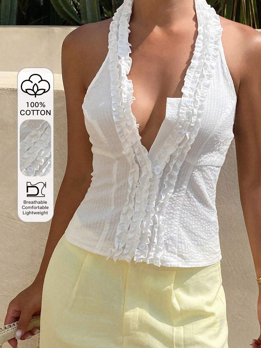 DAZY Solid Color Fitted Frill Trim Halter Neck Sleeveless Blouse, Elegant Summer Holiday Wear For Women Vacation Vacation White School - White - View 1