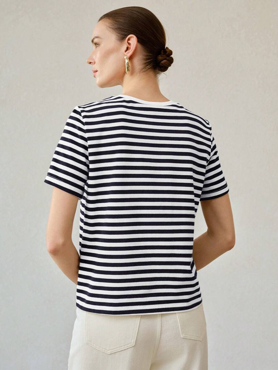 MOTF PREMIUM WOMEN'S SUMMER ALL-MATCH ROUND NECK SHORT SLEEVE T-SHIRT, CONTRAST COLOR CASUAL VERSATILE STRIPED TOP - Blue and White - View 2