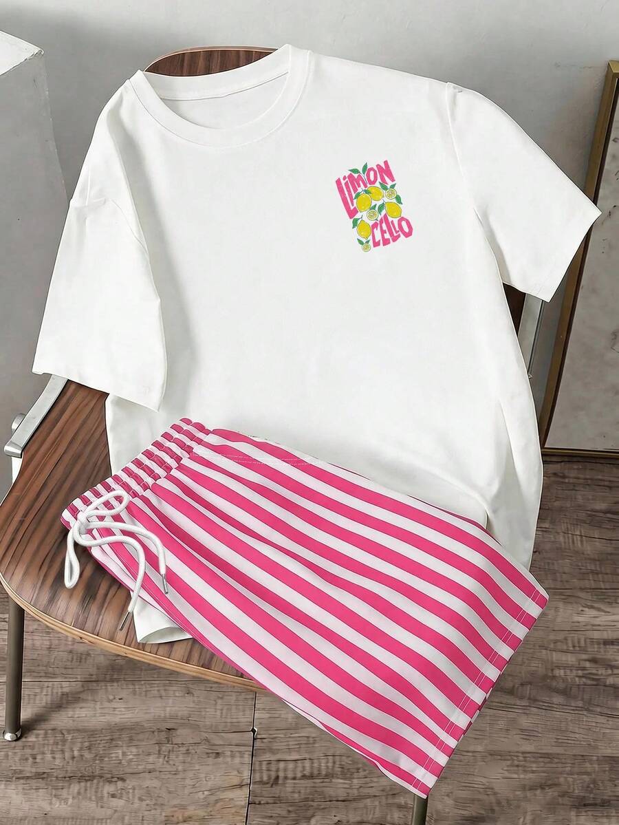 Manfinity Joysei Men's Crew Neck T-Shirt And Striped Pattern Shorts Set - Hot Pink - View 1