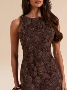 SHEIN BAE Spring Summer Brown Floral Jacquard Sleeveless Slim Fit Maxi Elegant Dress Dinner Party Date Wedding Guest Attire Cocktail Long Beach - Brown - View 5