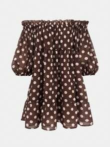 SHEIN LUNE Polka Dot Off-Shoulder Elastic Ruched Ruffle Puff Sleeve Fashion Versatile Women's Short Dress - Multicolor - View 2