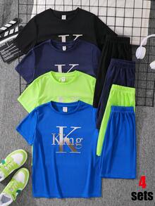 SHEIN 4套兒童青少年男孩休閒純色KING字母圖案短袖圓領T恤與鬆緊腰短褲套裝多件組 - 彩色 - 查看 3
