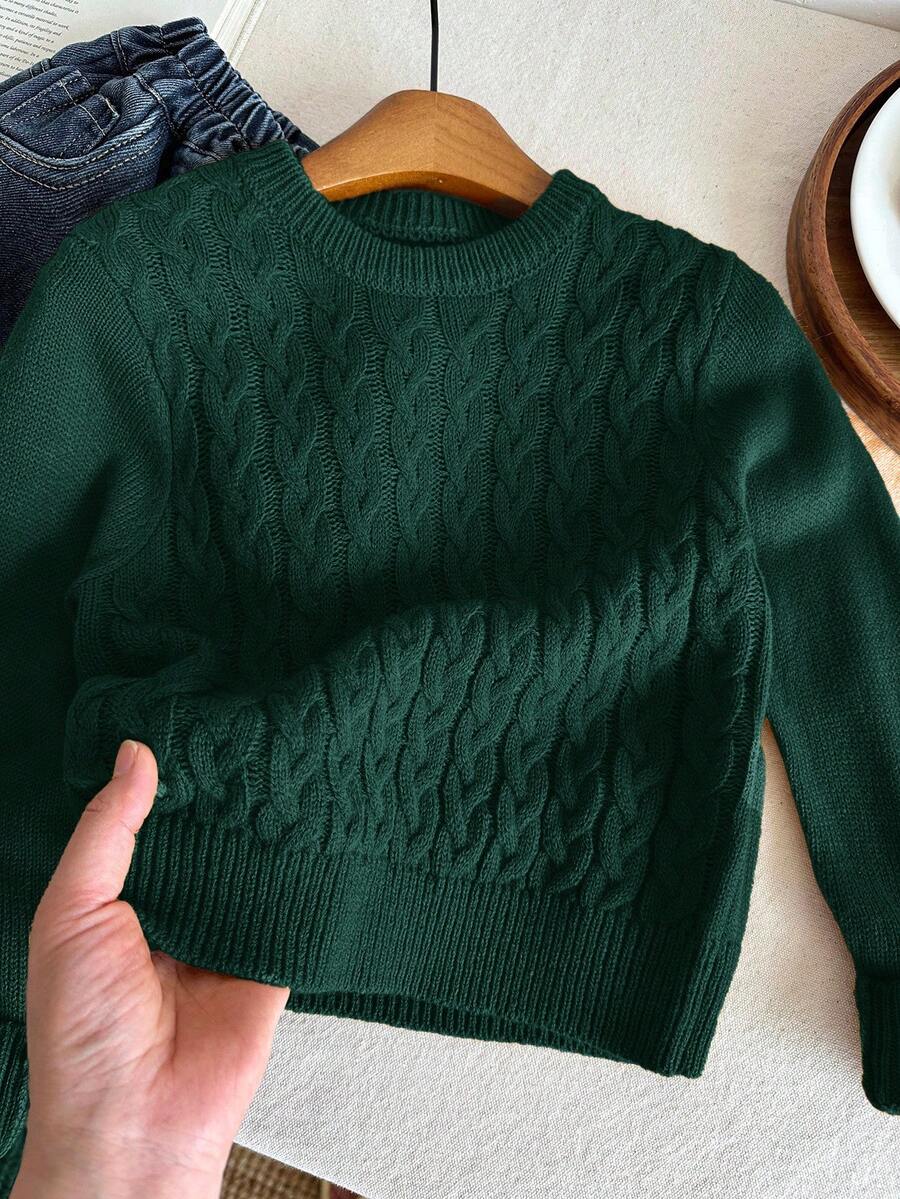 SHEIN LMoss Kids Sweater Rajut Leher Bulat Warna Polos Klasik untuk Anak Laki-Laki, Cocok untuk Musim Gugur/Musim Dingin - Dark Green - View 1