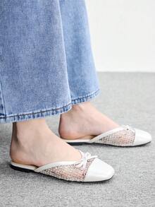 CUCCOO BIZCHIC French Style Flat Slide Sandals For Women, Summer Versatile New Bowknot Woven Closed Toe Mules Spring Shoes - White - View 3