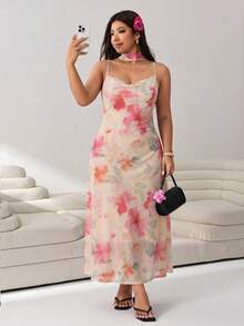 Solflare Gaun Cami Elegan Berkerah Ruffle Motif Bunga Ukuran Plus untuk Wanita, Liburan Musim Panas Warna Pink - MultiWarna - View 3