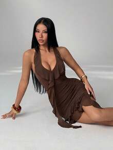 SHEIN PETITE Women's Elegant Sexy Solid Color Ruffle Backless Mini Halter Dress Summer Outfits Beach Night Out Date Night Vacation Boho Dark Brown - Brown - View 4