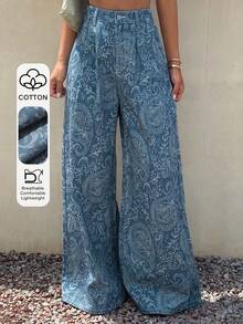 Livesso Summer Floral Print All-Over Print Casual Sexy Boho Loose Straight Leg Long Pants Women's Jeans Vacation White Swimming - Blue - View 1
