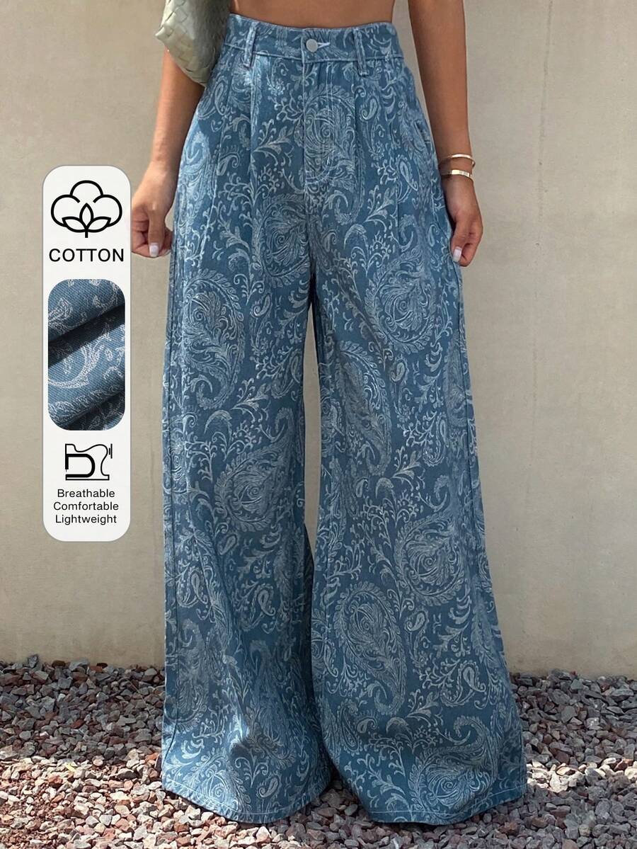 Livesso Summer Floral Print All-Over Print Casual Sexy Boho Loose Straight Leg Long Pants Women's Jeans Vacation White Swimming - Blue - View 1