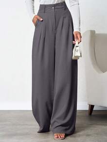 SHEIN Tall 100%纯棉高腰女士米色深褶亚麻长裤 - 灰色 - 查看 5
