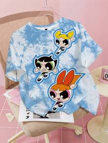 THE POWERPUFF GIRLS X SHEIN T-shirt d'été décontracté grande taille avec imprimé tie-dye et dessin animé - Blanc - Voir 1