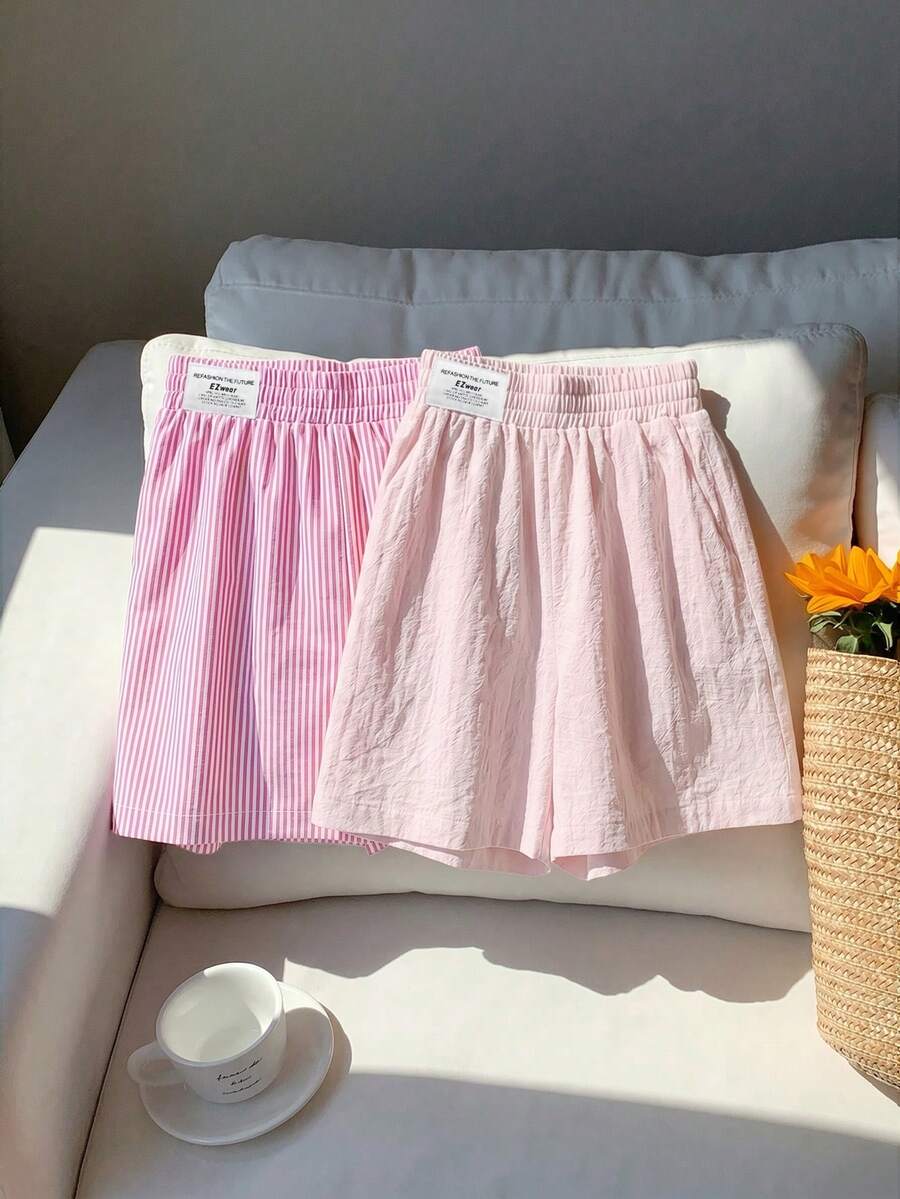 Comfortcana 2件組女款夏季休閒寬鬆短褲,亞麻蝴蝶結條紋短褲與粉色抽繩圍裹短褲,適合海邊度假,超短短褲 - 粉色 - 查看 1