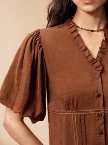 Arave Women Blouse Slim Waist Puff Sleeve Textured Ruffle V Neck Button Vertical Pleated Hollow Lace Vintage Elegant Shades Of Brown Teachers' Day Brunch - Coffee Brown - View 6