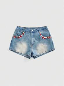 Sweetness Plus Size Vintage Kawaii Washed Casual Cute Apple Embroidery DIY Effect Versatile Stretchy Denim Shorts For Summer Teachers' Day Date Night Light Blue - Blue - View 5