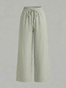 SHEIN Essnce 3pcs/Set Women's Casual Waist Tie Straight Leg Pants With Pockets, Suitable For Summer - Multicolor - View 6