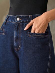 Anewsta Jeans de mujer modernos y de moda para todas las estaciones, azul oscuro, versátiles para ir al trabajo, con diseño de bloques de color, para vacaciones - Azul lavado oscuro - Ver 3