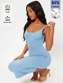 SHEIN BASICS 女款素色貼身優雅細肩帶洋裝 - 灰藍色 - 查看 2