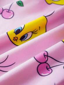 LOONEY TUNES X SHEIN 2 件套女婴卡通小鸟和樱桃印花粉色可爱甜美风格长袖 T 恤和紧身裤睡衣套装 - 彩色 - 查看 8