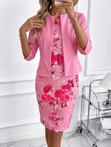 SHEIN Clasi Conjunto de 2 piezas para mujer con vestido ajustado de estampado floral elegante y cárdigan de punto de manga media en color rosa, adecuado para citas, ir al trabajo y uso diario - Rosa Fucsia - Ver 2